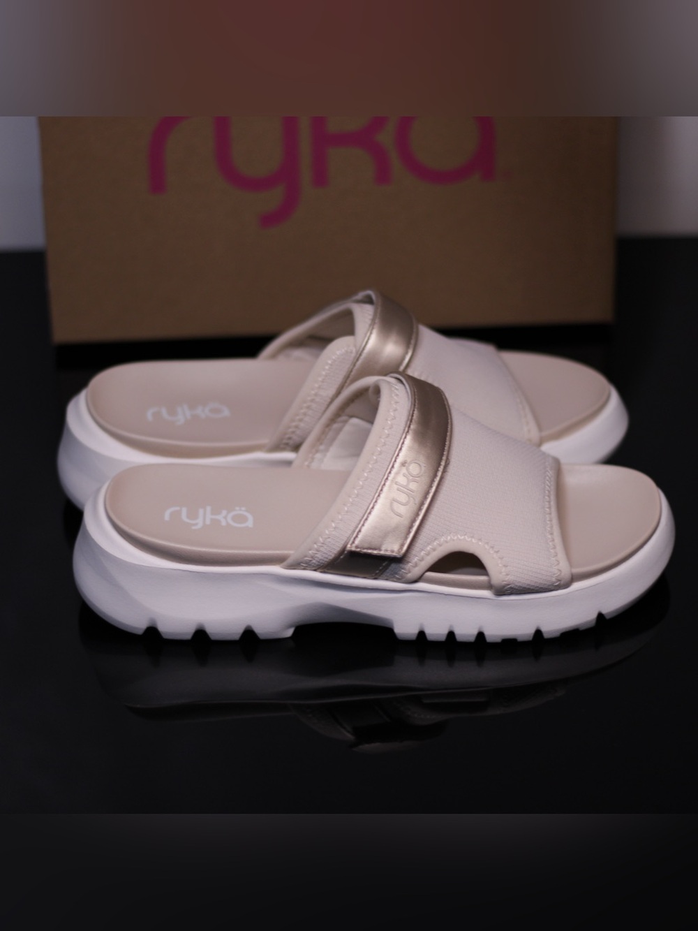 Ryka Women’s Cream Slide Sandals with adjustable Strap